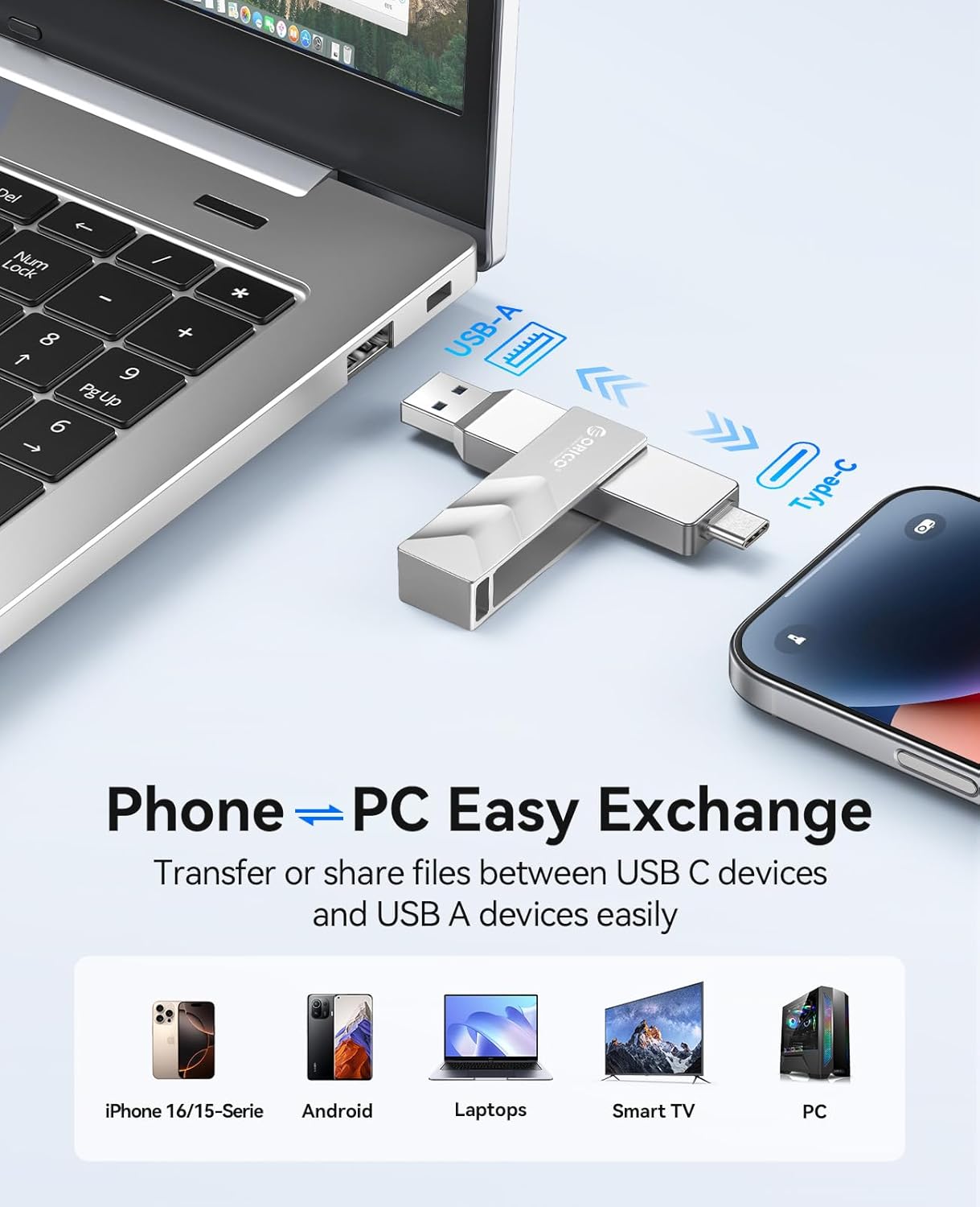 ORICO 512GB Portable Solid State Drive, 1050MB/s Dual-Port Rotating Metal External SSD with 90° Click-Stop, Reliable Storage for iPhone 16, 15 Series, Type-C Smartphone, Mac, Audio, Vehicle - A101