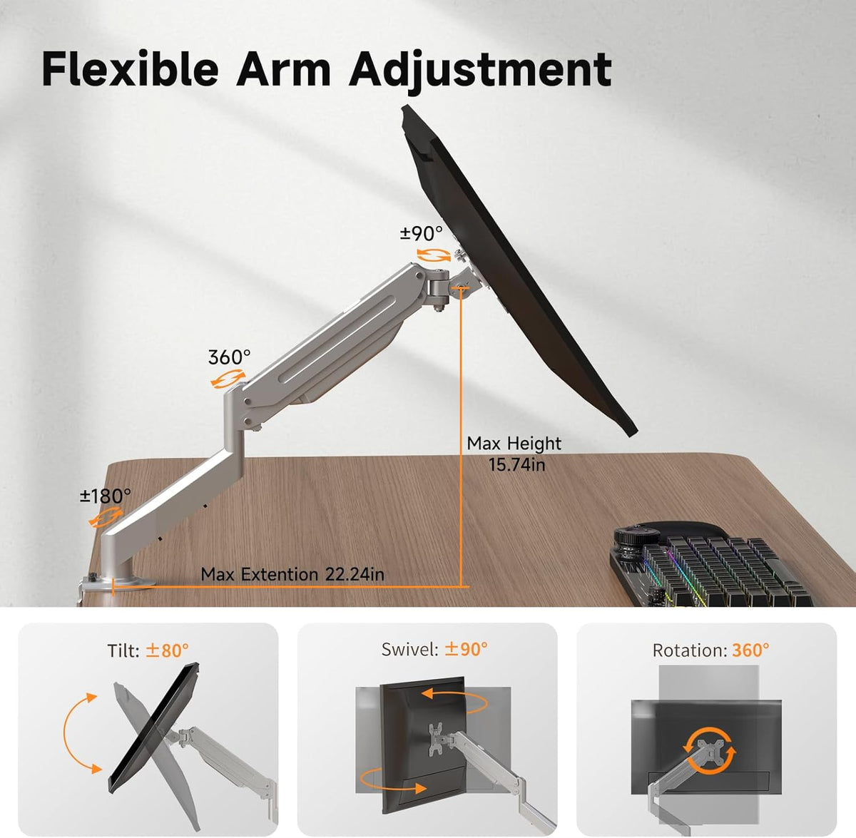 Suptek Single Monitor Mount Stand,Gas Spring Monitor Arm Desk Mount Fully Adjustable for 17 20 22 23 24 26 27 inch Monitors Weight Capacity up to 13.2 lbs (Silver)