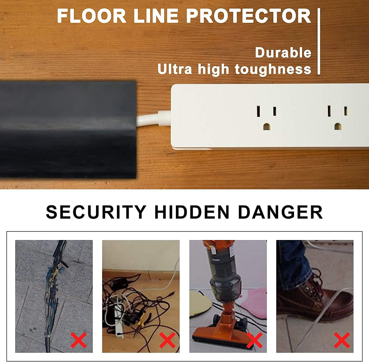 10Ft Floor Cord Cover Silicone Cable Protector Easy to Install Wire Organizer and Hider Ideal Extension Cord Cover for Home, Office, Garage (Black-10Ft)