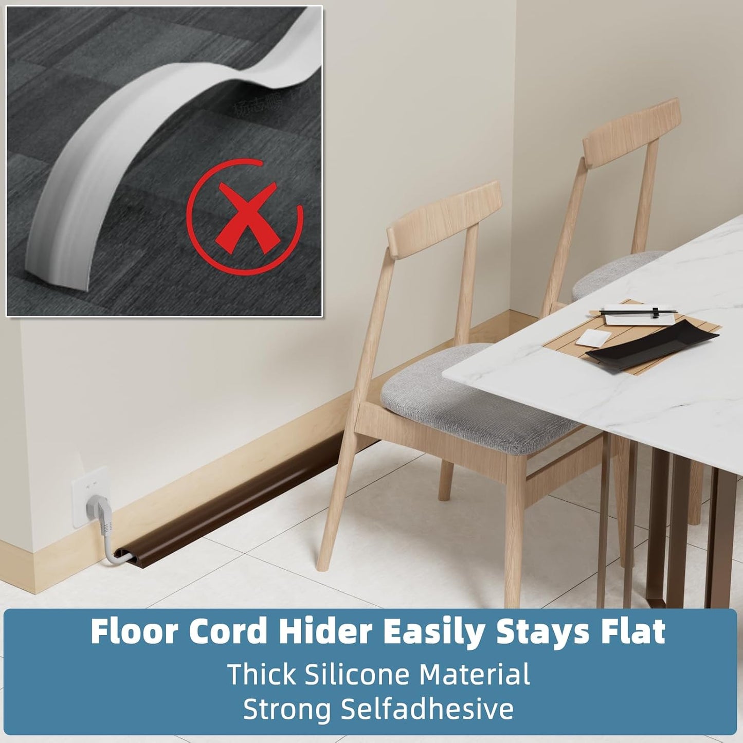 10ft Side Buckle Floor Cord Cover for Wires, Selfadhesive Extension Cord Hider Easy Floor Cable Management Prevent Cable Trips,Silicone Floor Wire Covers for Cords, Cable Protector Cord Cavity（Brown）