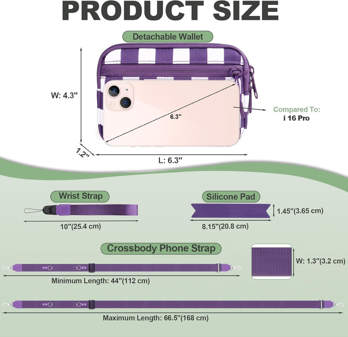 Clip and Go Strap for Phone with Wallet Crossbody, Adjustable Phone Lanyard with Detachable RFID Wristlet Wallet, Phone Strap with Phone Tabs for All Phones, Purple Checkered (M)