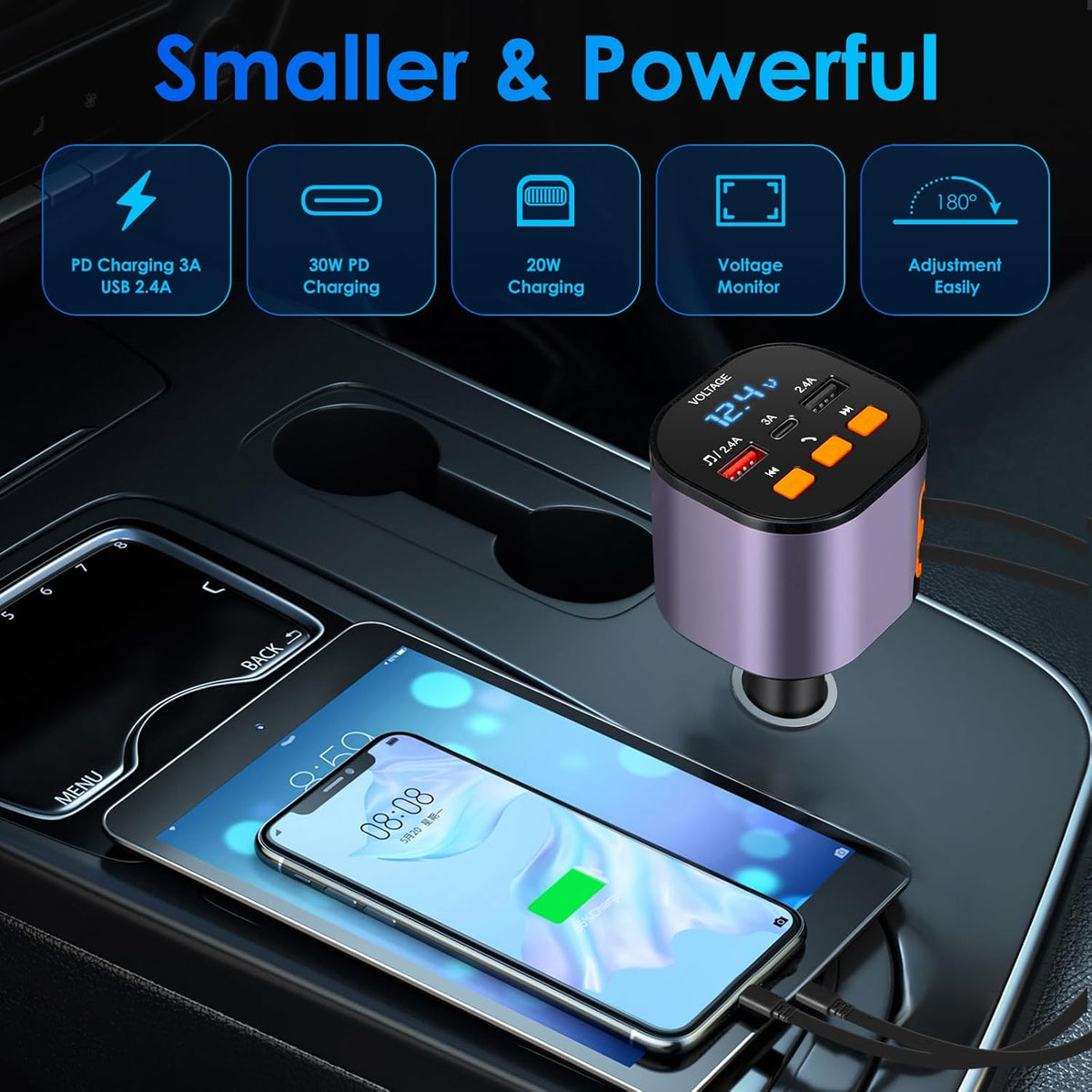 Retractable Car Charger,5 in 1 Fast Car Phone Charger 90W,Bluetooth 5.3 FM Transmitter Adapter,Handsfree Call,2 Retractable Cables and USB Cars Chargers for iPhone 15/14/13 (Purplr)