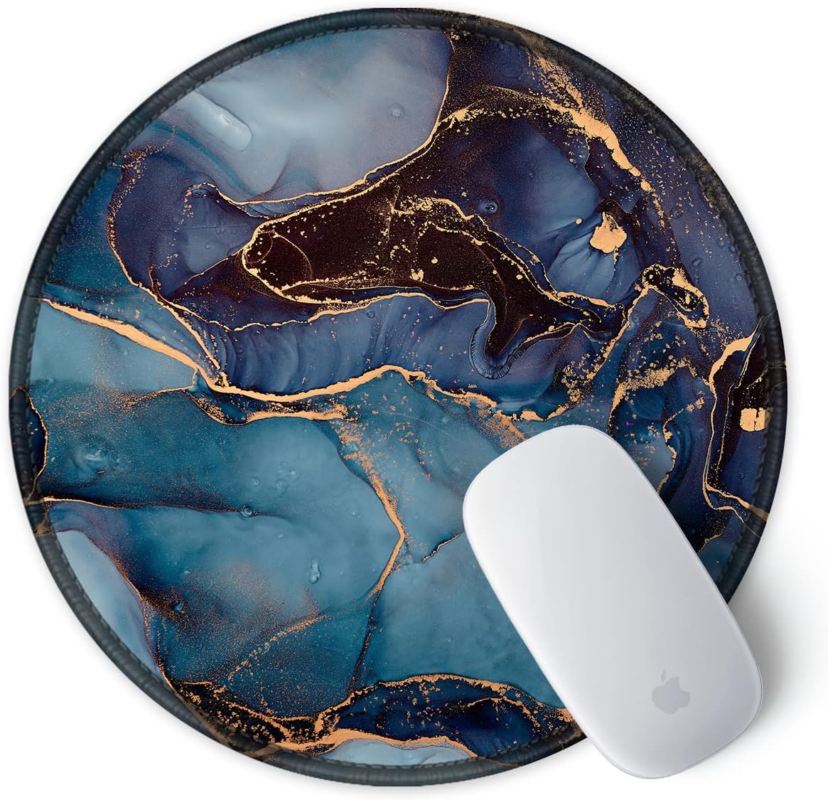 ITNRSIIET Round Mouse Pad with Stitched Edge Premium-Textured Waterproof Non-Slip Rubber Base Desktop Protection Mat Diameter 8.7 inches, Blue and Black Marble