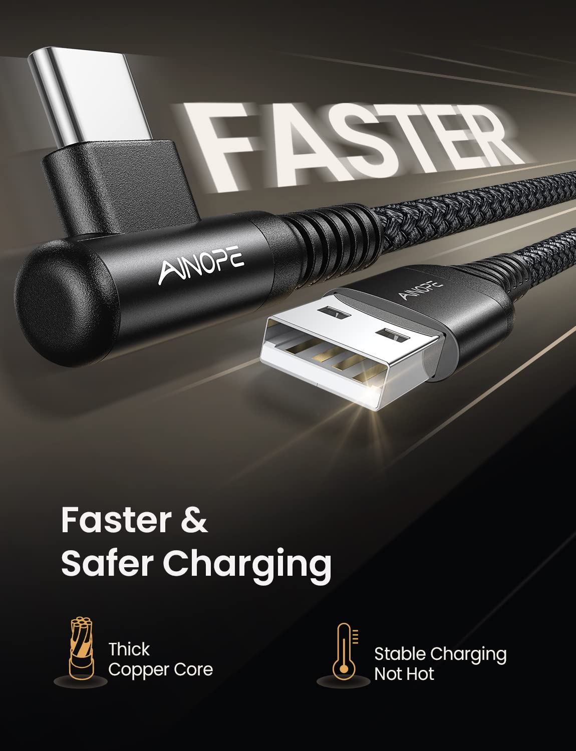 AINOPE USB Type C Cable 5-Pack [10/6.6/6.6/3.3/1.6ft] 3.1A C Type Charging Cable Right Angle, Nylon Braided USB C Cable Compatible with Galaxy S22 S20 Plus, Note 20, LG V20, Type C Charger Black