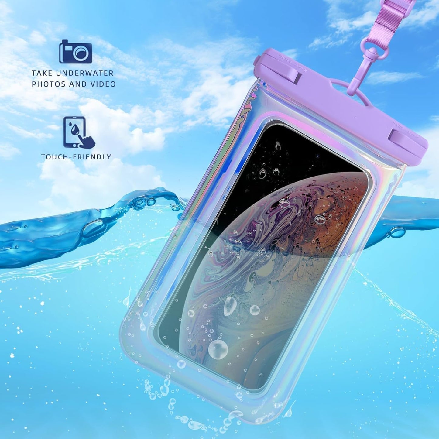 Floatable Waterproof Phone Pouch Case for iPhone 16 Pro Max/15/14/13/1, IP68 Travel Cellphone Dry Bag Beach Cruise Ship Essentials Bags with Crossbody Lanyard, Iridescent Purple and Blue B-7″