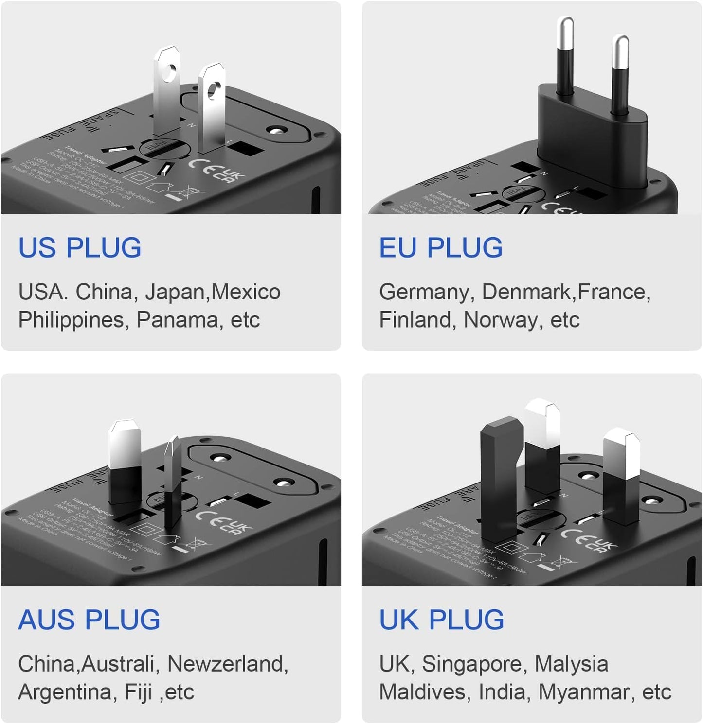 Universal Travel Adapter, 5 in 1 International Travel Plug Adapter with 2 USB A and 2 USB C, Worldwide Travel Plug Adaptor UK to European Power Socket Charger for EU USA UK AUS Asia