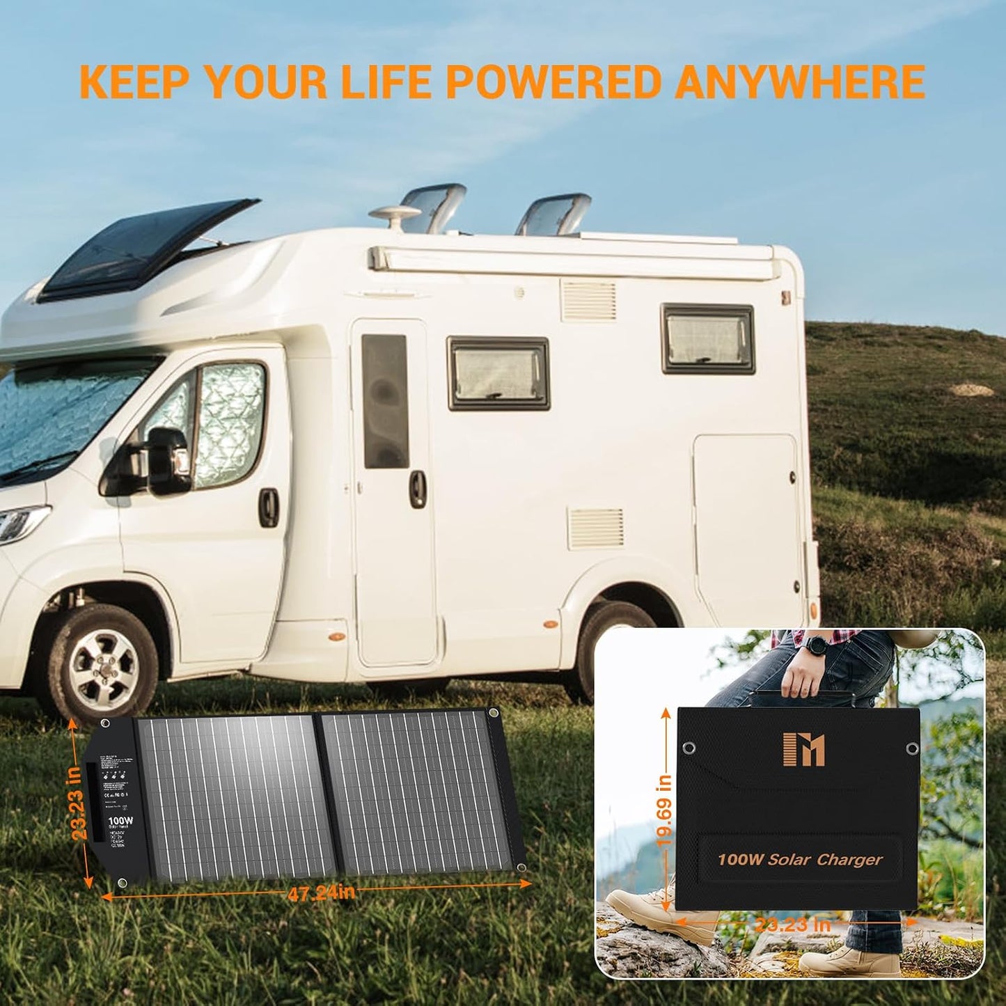 100W Portable Foldable Solar Panel Charger 24V MC4 DC USB-C USB-A | USB-C PD65W, USB-A QC3.0 Fast Charging, for Power Station, Generator, Outdoor, Camping, RV Trip, Off Grid Living