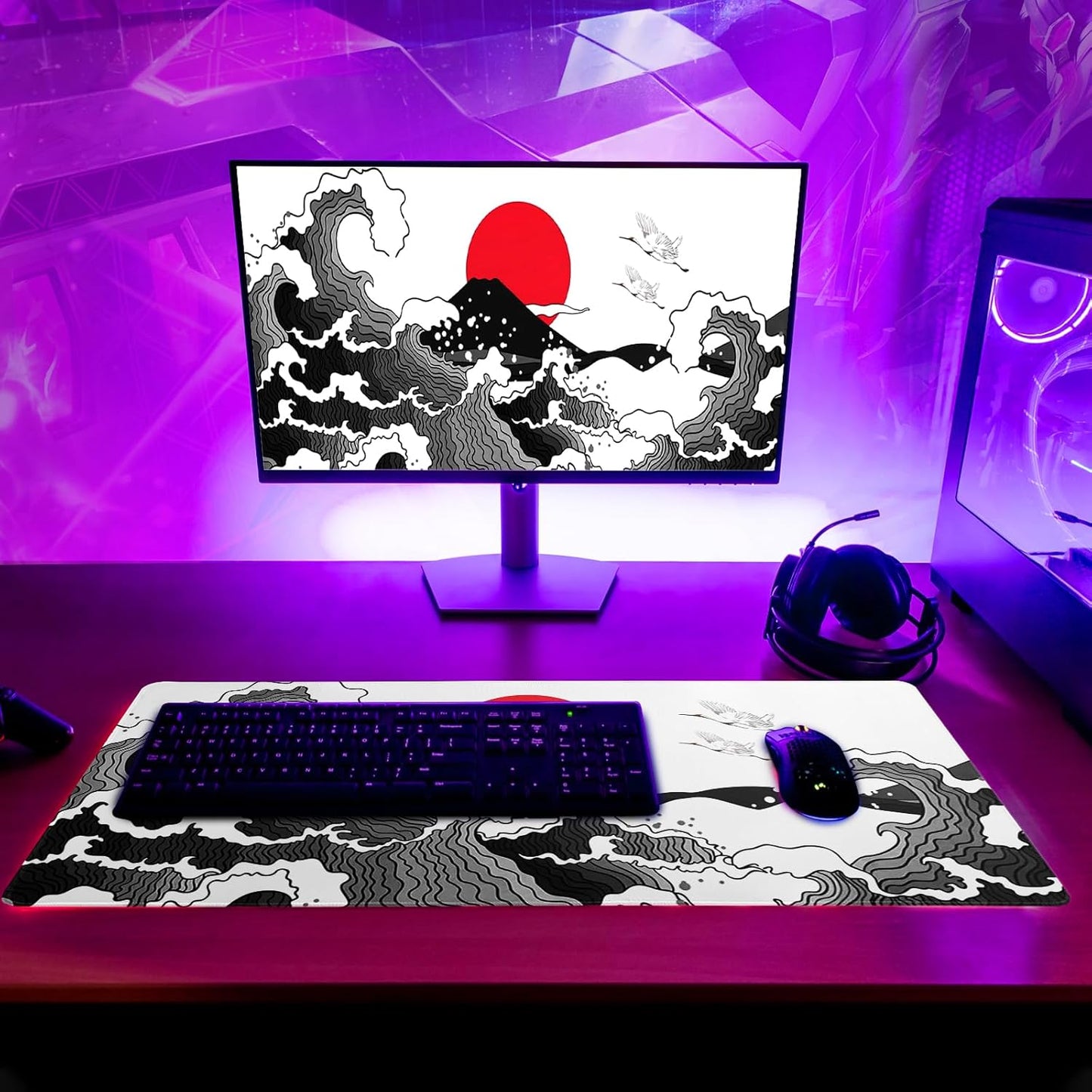 Japanese Red and Black Wave Gaming Mouse Pad Extended Large Mouse Mat Desk Pad Sea Texture Non-Slip Rubber Base Wave Mousepad Stitched Edges Keyboard Desk Pad for Office Home Game 31.5x11.8 Inch