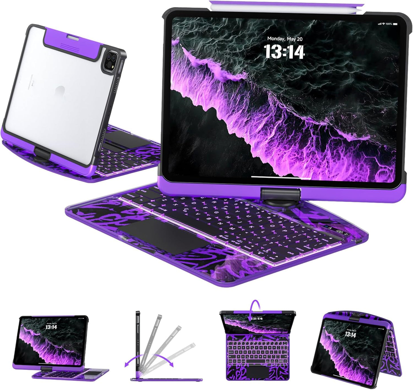 Transparent Case with Keyboard for iPad 11th Gen 11 Inch.(A16, 2025) & 2022 iPad 10th Gen 10.9 Inch,7-Color Backlit,Wireless Keyboard, 360°Rotating,with trackpad,Pencil Holder,with Shortcuts,Purple