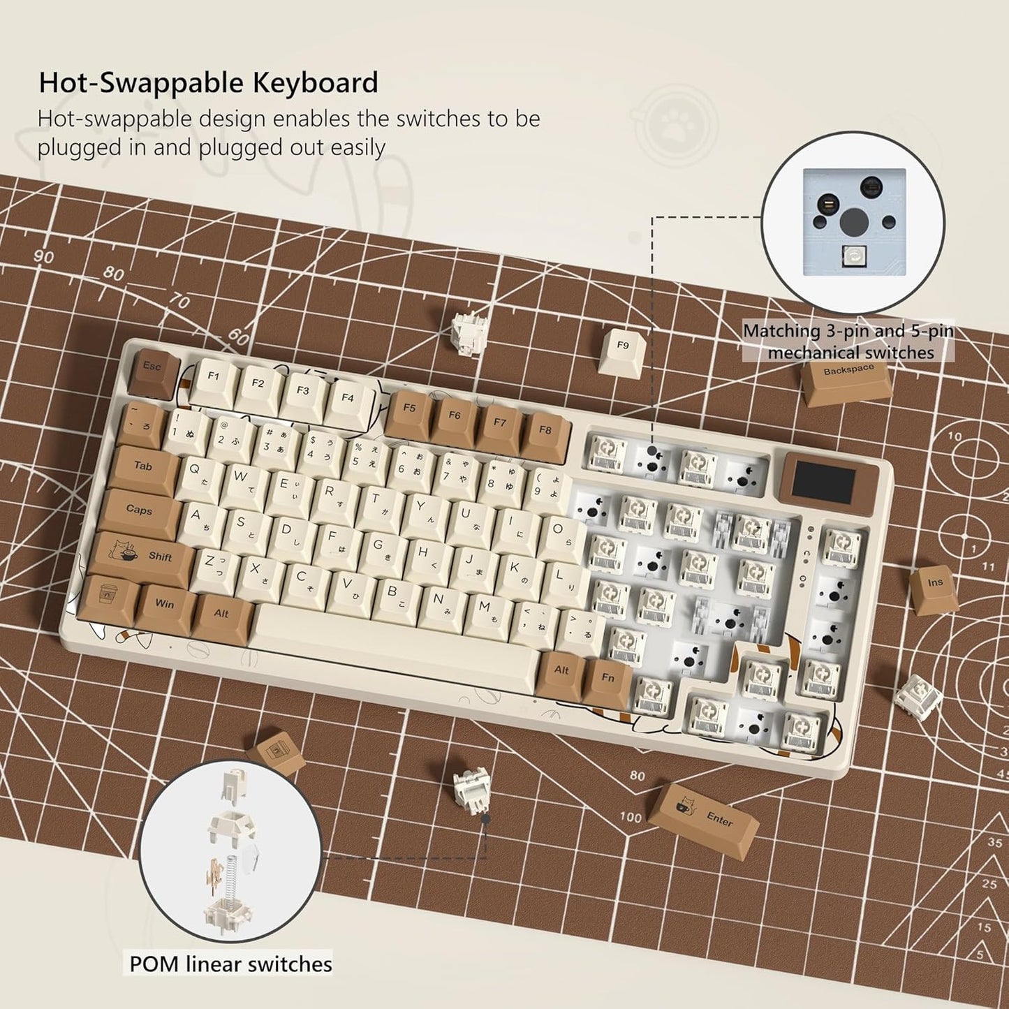 Womier SK80 Retro 75% Keyboard with Color Multimedia Display Mechanical Gaming Keyboard, Hot Swappable Gasket Mount RGB Custom Key Board, Pre-lubed Stabilizer for Mac/Win,Coffee Cat