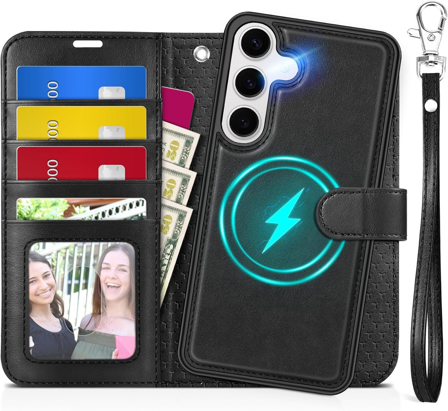 TUCCH Wallet Case for Galaxy S25, Removable 2 in 1 RFID Blocking [4 Card Slots] Wrist Strap [Wireless Charging] Kickstand PU Leather Magnetic Detachable Protective Cover for Galaxy S25 6.2", Black