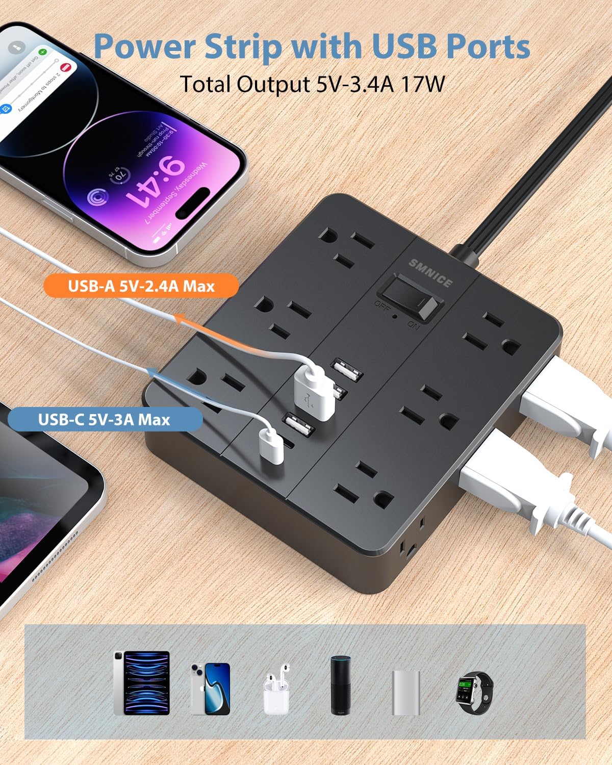 Power Strip Flat Plug with 12 Outlets 6 USB(2 USB C),SMNICE Surge Protector Charging Station with Overload Protection,5ft Extension Cord Widely Spaced Multiple Outlets for Home Office Dorm,Black