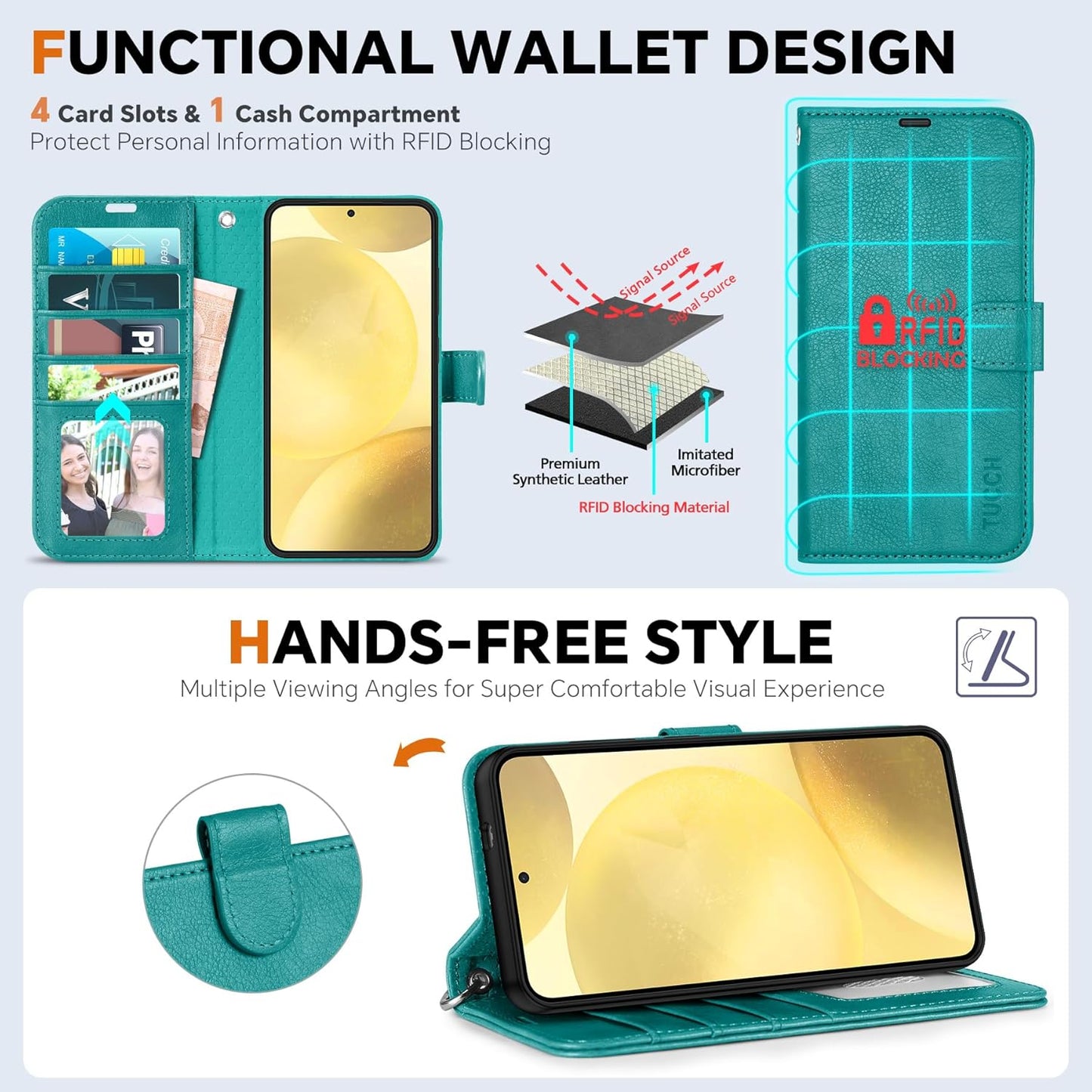 TUCCH Case for Galaxy S25, Detachable Wallet Case with [Wireless Charging] RFID Blocking 4 Card Holder, Wrist Strap Removable Stand PU Leather Flip Shockproof Phone Cover for Galaxy S25 6.2", Cyan