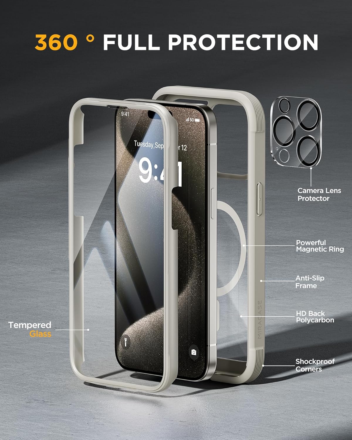 Miracase Magnetic for iPhone 15 Pro Max Case 6.7'' [Compatible with Magsafe] Full-Body Drop Proof Phone Case for iPhone 15 Pro Max with Built-in 9H Tempered Glass Screen Protector,Grey Titanium