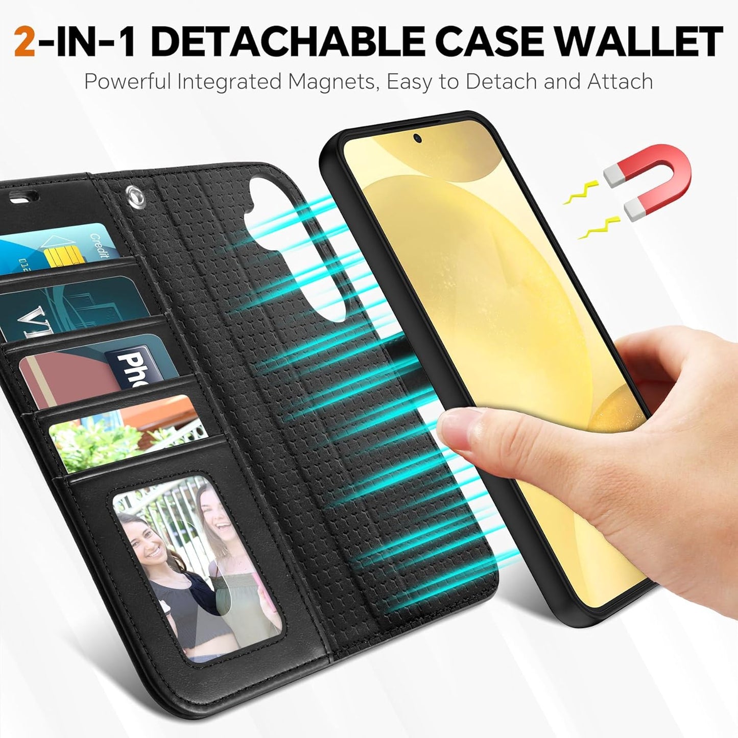 TUCCH Wallet Case for Galaxy S25 Plus, Removable RFID Blocking [4 Card Slots] Wrist Strap [Wireless Charging] Kickstand PU Leather Magnetic Detachable Protective Cover for Galaxy S25 Plus 6.7", Black