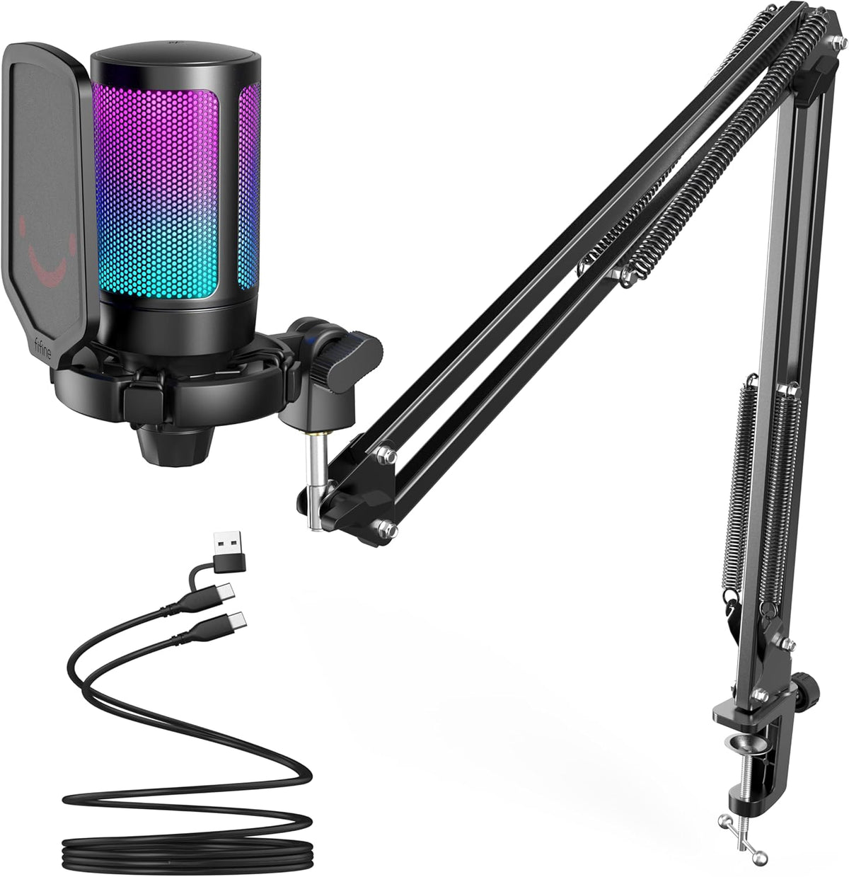 FIFINE Gaming PC USB Microphone, Podcast Condenser Mic with Boom Arm, Pop Filter, Mute Button for Streaming, Twitch, Online Chat, RGB Computer Mic for PS4/5 PC Gamer Youtuber-AmpliGame A6T