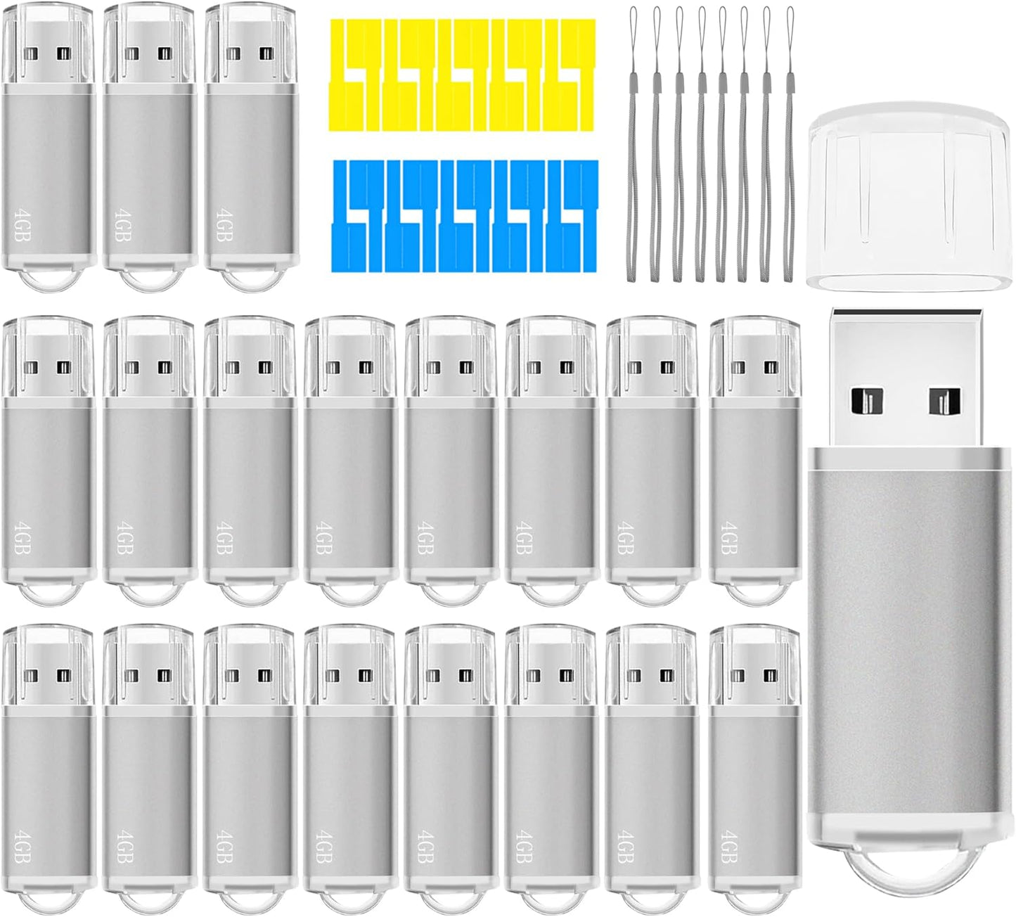 USB Thumb Drive 4GB Flash Drives 20 Pack, Nicepicten Memorias USB 2.0 Memory Stick FAT32 Flash Zip Drive 4 GB Jump Drives Multipack Pendrive with Landards and Lables (Sliver 4GB, 20 Pieces)