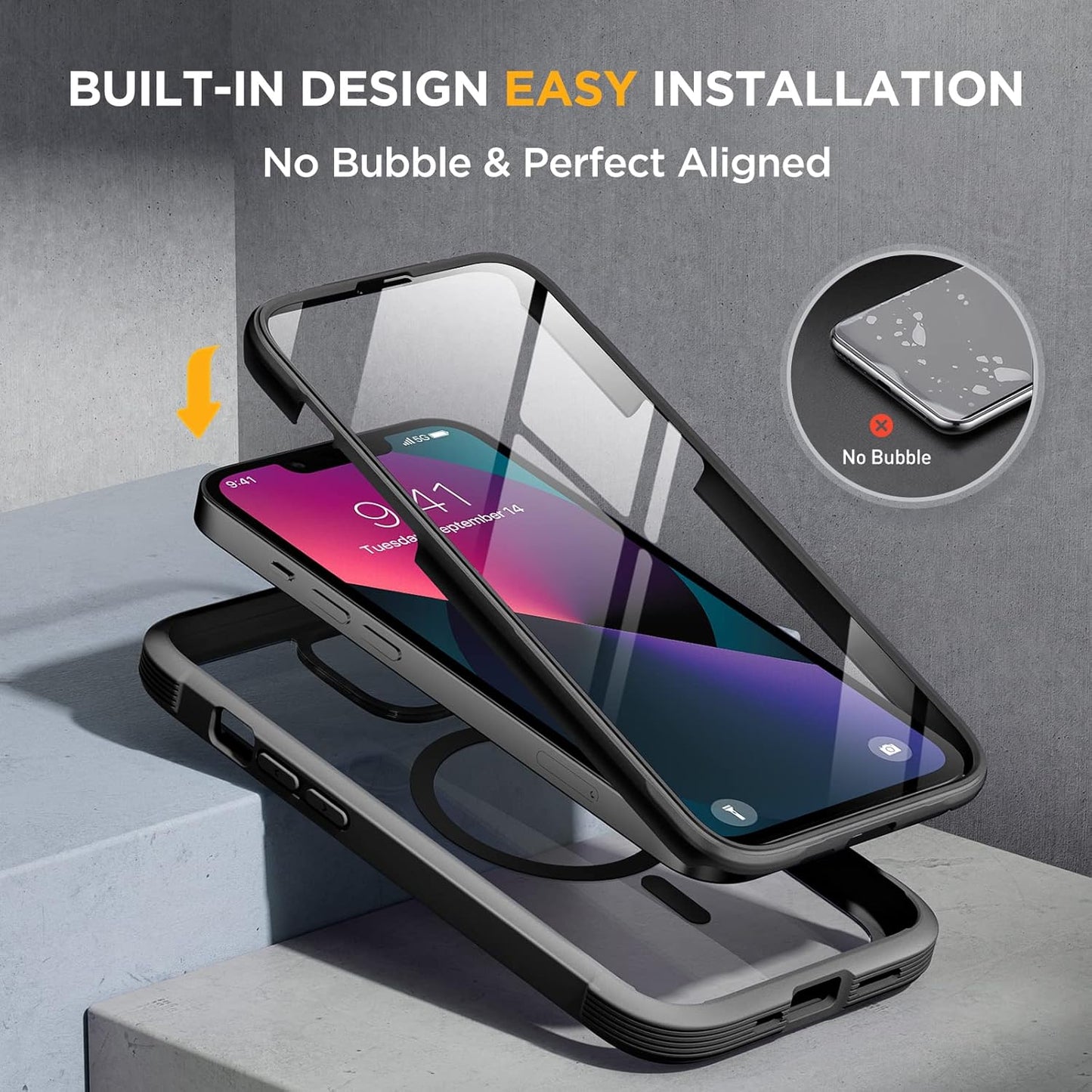 Miracase Glass Series Designed for iPhone 13 Case 6.1 inch, 2023 Upgrade Full-Body Magnetic Clear Bumper Case with Built-in 9H Tempered Glass Screen Protector,Black
