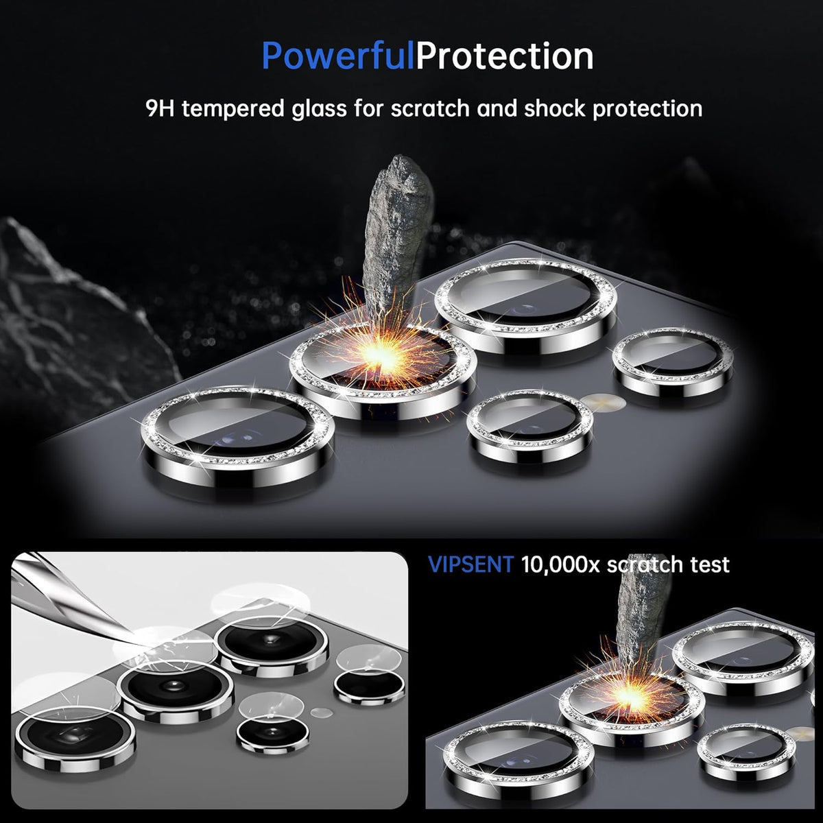 For Samsung Galaxy S25 Ultra Camera Lens Protector, Individual Lens Protector, Ultra HD 9H Tempered Glass Screen Protective Cover, Anti-scratch, Military Grade Drop Protection 2 Set. (Glitter Silver, S25 Ultra)