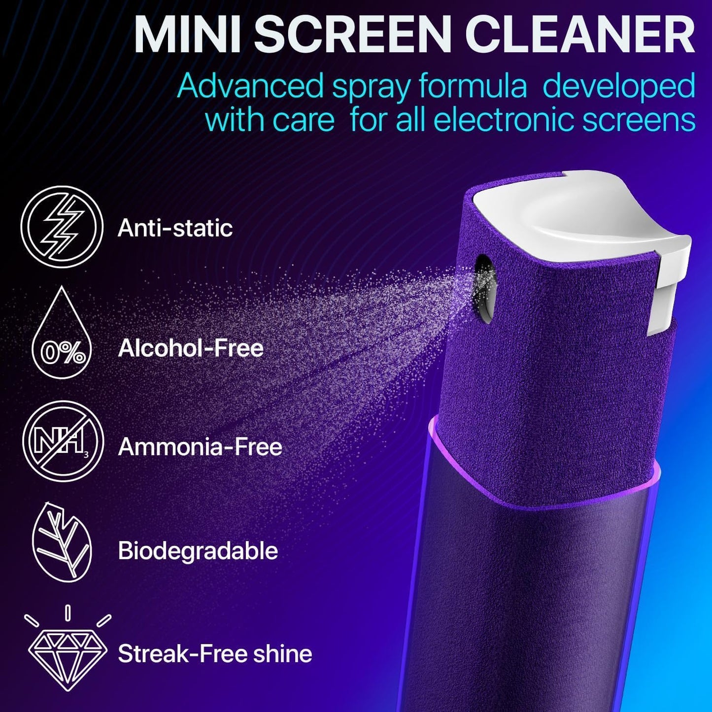Mini Screen Cleaner Spray – Finger Proof Screen Cleaner for Smartphones, iPads, MacBooks, Laptops, Car Screens, Touchscreens – 3in1 Mist Cleaner, Microfiber Cloth and Cover (Navy Blue)