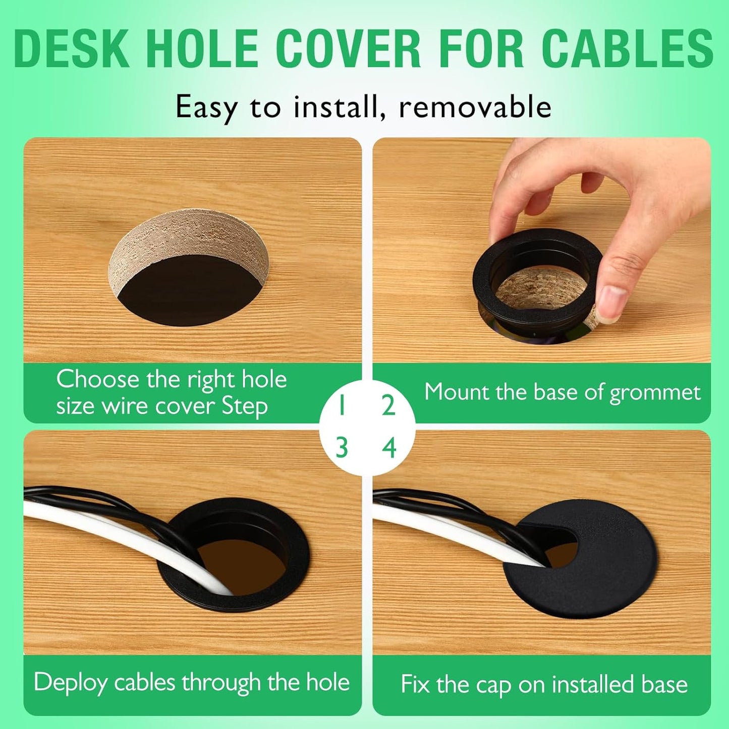 10 Pcs Desk Grommet 2" / 50 mm, Desk Cord Hole Cover, Cable Grommet ABS Plastic, Desk Hole Grommet for Home & Office Pc, Detachable Cable Cord Organizer-Black