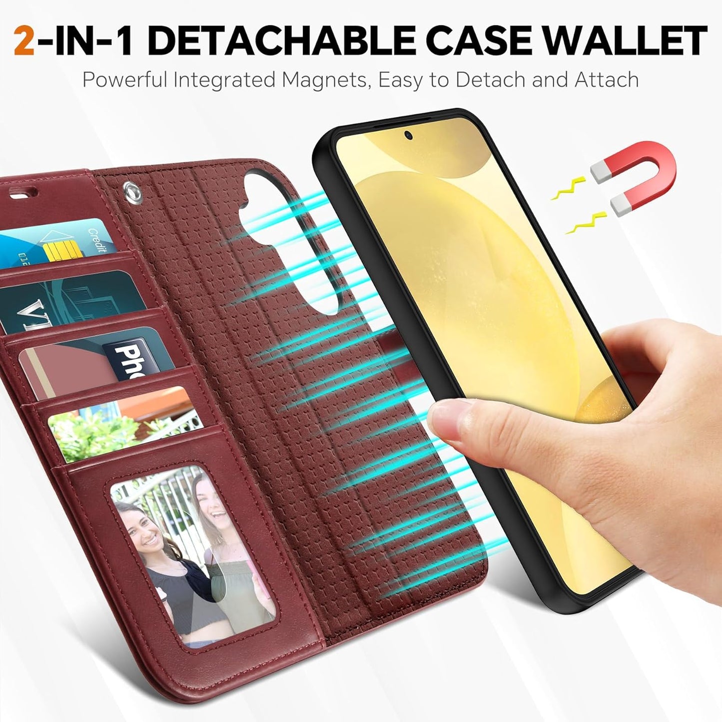 TUCCH Case for Galaxy S25, Detachable Wallet Case with Wrist Strap [Wireless Charging] RFID Blocking 4 Card Holder, Removable Stand PU Leather Flip Shockproof Phone Cover for Galaxy S25 6.2", Dark Red