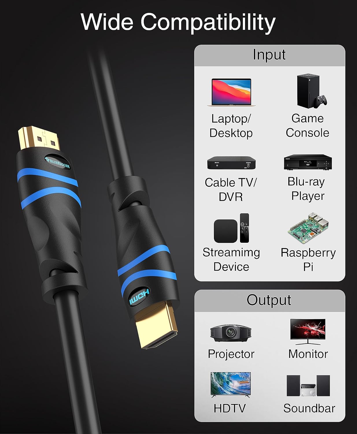 BlueRigger 8K HDMI Cable (10FT, 8K 60Hz HDR, 4K 120Hz, High Speed 48Gbps with Ethernet, eARC, 3D, HDCP 2.3) - Compatible with PS5, Xbox, Roku, Apple TV, Switch, PC