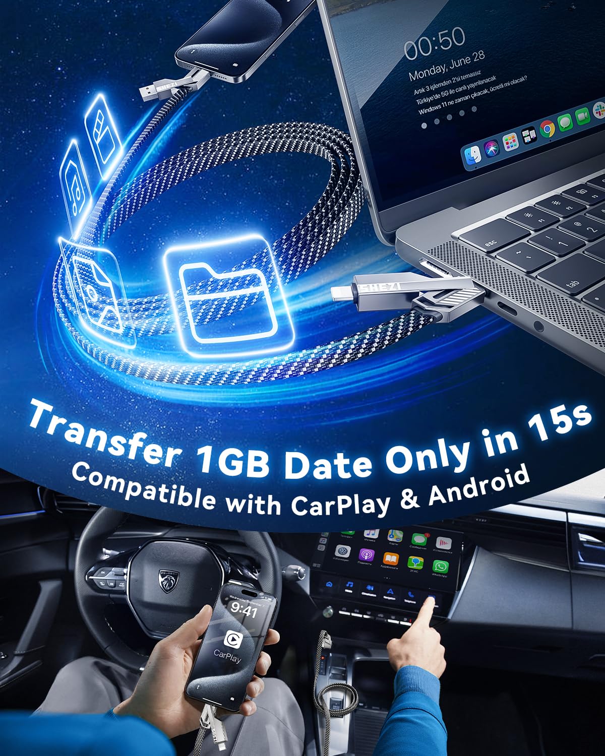 [One is Enough] 4-in-1 Compatible with USB C to Lightning Cable, 240W High-Speed Charging & Fast Data Transfer,CarPlay & Android Auto Support Multi Charger Cord Combo for iPhone/Samsung/iPad,5FT