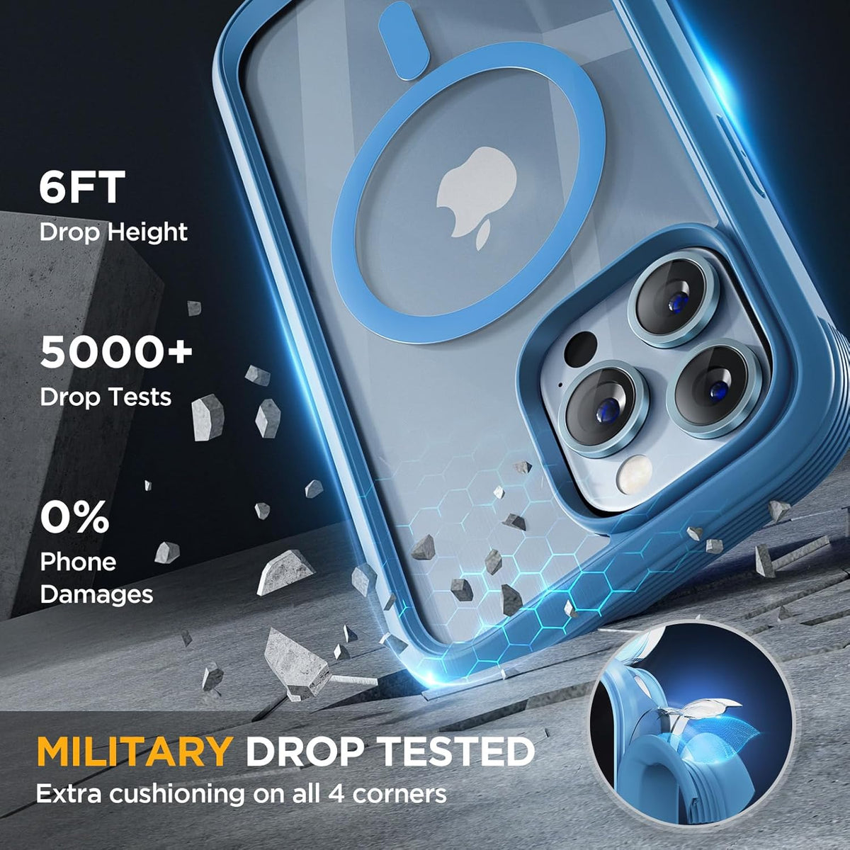 Miracase Magnetic Glass for iPhone 13 Pro Case,Compatible with MagSafe,Full-Body Protection Bumper with Shockproof Military-Grade,Built-in 9H Tempered Glass Screen Protector,Capri Blue