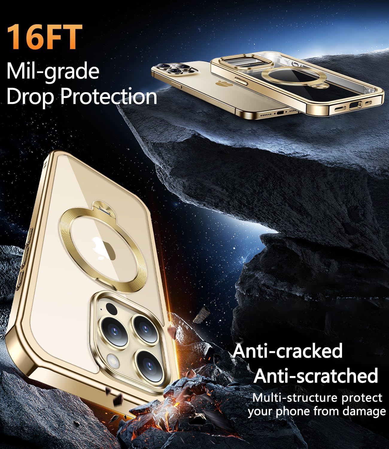 [360° Rotatable CD Stand & Built-in Privacy Screen Magnetic Case for iPhone 15 Pro [Compatible with MagSafe & Full Signal] Mil-Grade Shockproof Full Body Anti-Spy Cover for 15 Pro-Gold