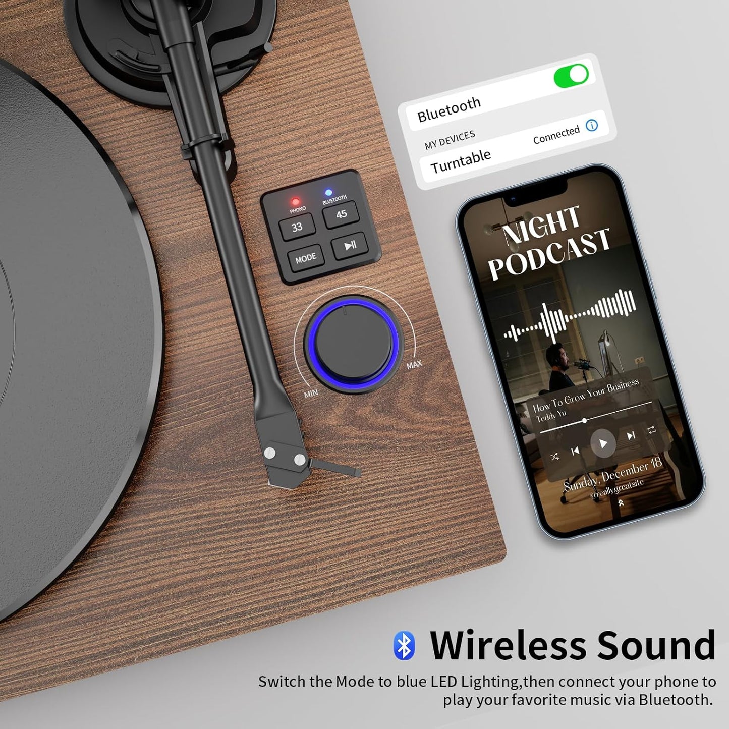 Bluetooth Turntable HiFi System with 36 Watt Bookshelf Speakers, Patend Designed Vinyl Record Player with Magnetic Cartridge, Bluetooth Playback and Auto Off