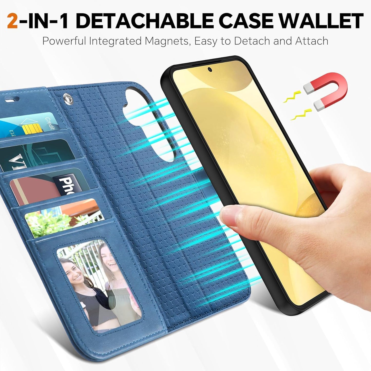 TUCCH Case Wallet for Galaxy S25, Removable [2 in 1] [Wireless Charging] Wrist Strap PU Leather Magnetic Stand RFID Blocking [4 Card Slots] Detachable Protective Folio for Galaxy S25 6.2", Light Blue