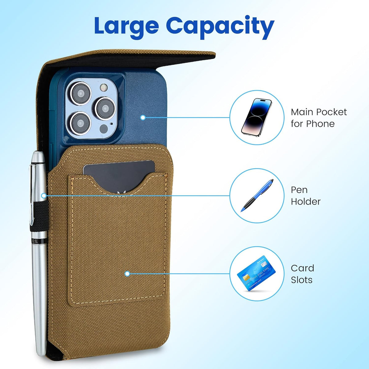 BECPLT for iPhone 17 Pro 17 16/15/14/13/12/11 Pro Belt Case Nylon Phone Holster with Belt Clip and Belt Loops Cell Phone Holder Carrying Pouch for Galaxy S25 S24 S23 S22 S21 S20 - Khaki