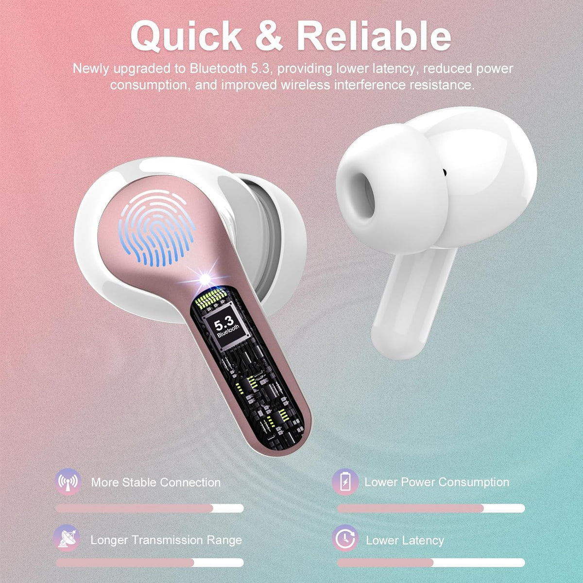 Wireless Earbuds, Bluetooth 5.4 Headphones HiFi Stereo, Bluetooth Earbuds with ENC Noise Cancelling Mic, IP7 Waterproof in Ear Earphones, 48H, LED Display Ear Buds for Pad Workout Sports, Rose Gold