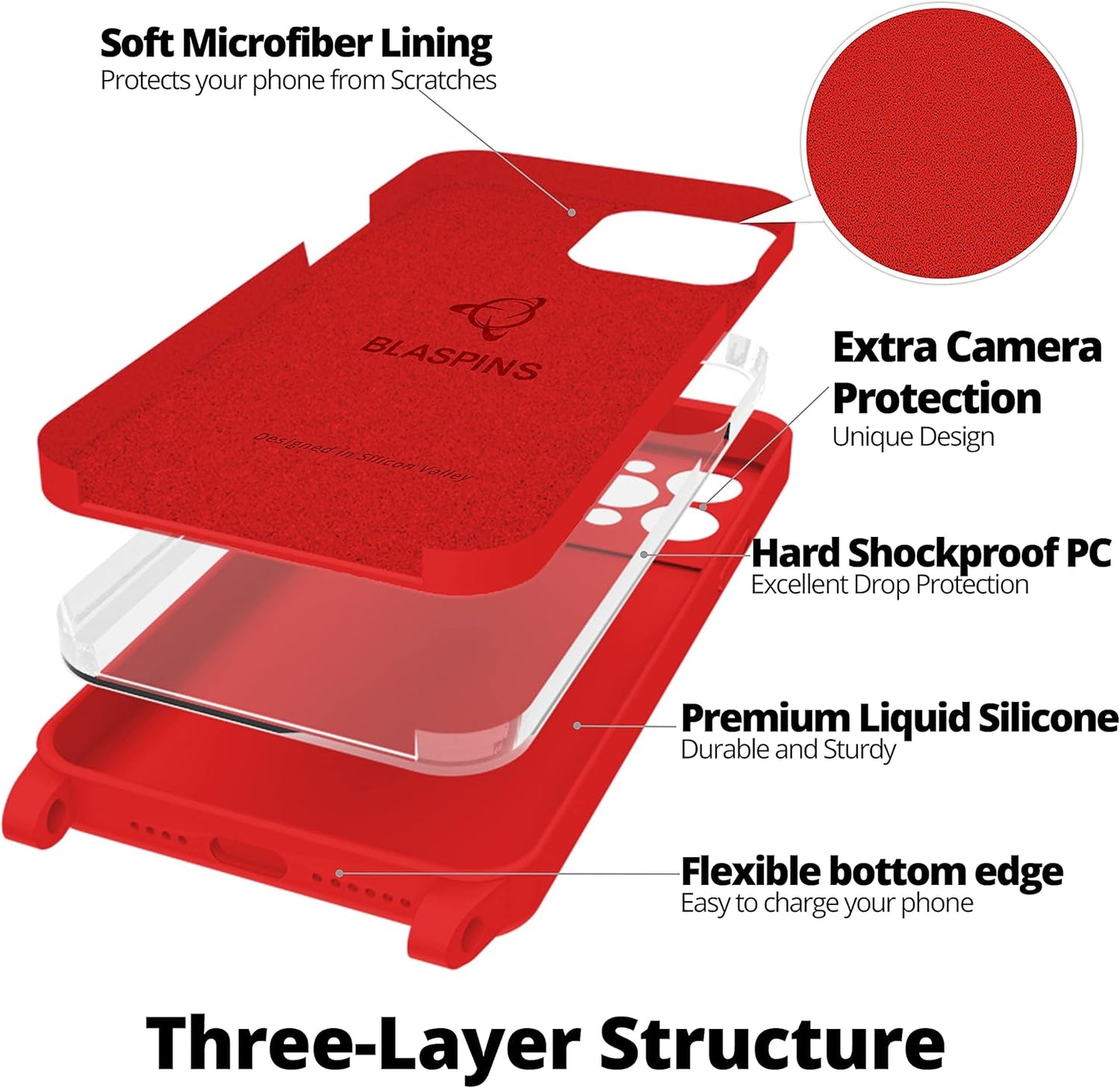 Blaspins Crossbody Lanyard Strap Case for iPhone 13 Pro, Neck Cross Body, Adjustable Holder Removable, Drop Protection Shockproof, Hands-Free Silicone Case 6.1 inch, 150 cm Strap, iP13Pro - Red