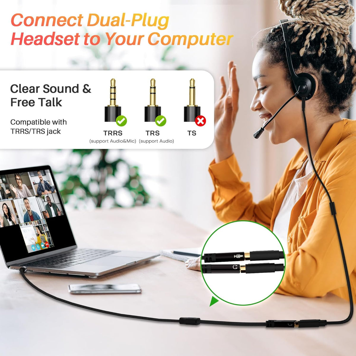 1/8inch Aux Headphone Splitter 2 Way Cable 1FT, 3.5mm 1 Male to 2 Female Mic and Audio Y TRRS Adapter, Compatible with Headset Earphone Switch 2/PS4/PS5 Steam Deck Xbox PC Laptop Phone Tablet Gaming