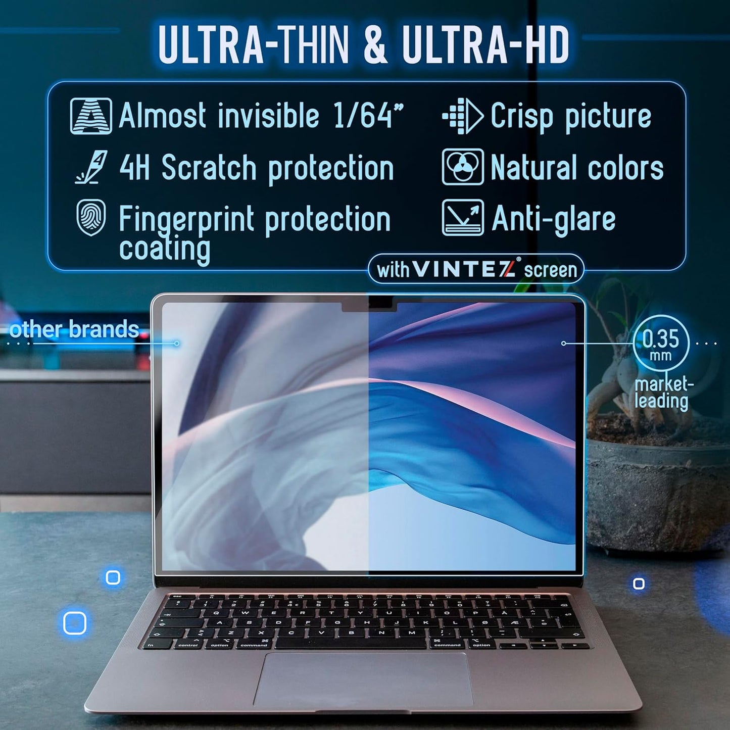 VINTEZ Magnetic Blue Light Screen Protector Compatible With MacBook Air 13.6" 2022, 2023, 2024, M2, M3 Anti Blue Light Blocking Filter for Laptop