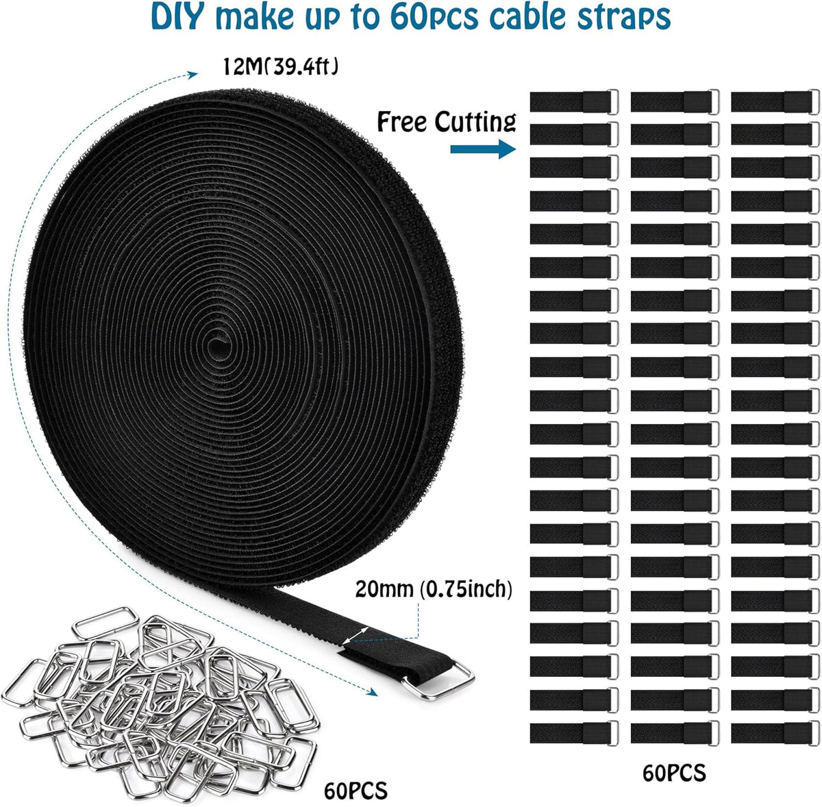 0.75" x39.4ft Hook and Loop Straps with 60 Buckles Adjustable Cut-to-Length Cable Ties - Reusable Nylon Fastening Tape Cable Straps for Storage or Organization (0.75in x 39.4ft)