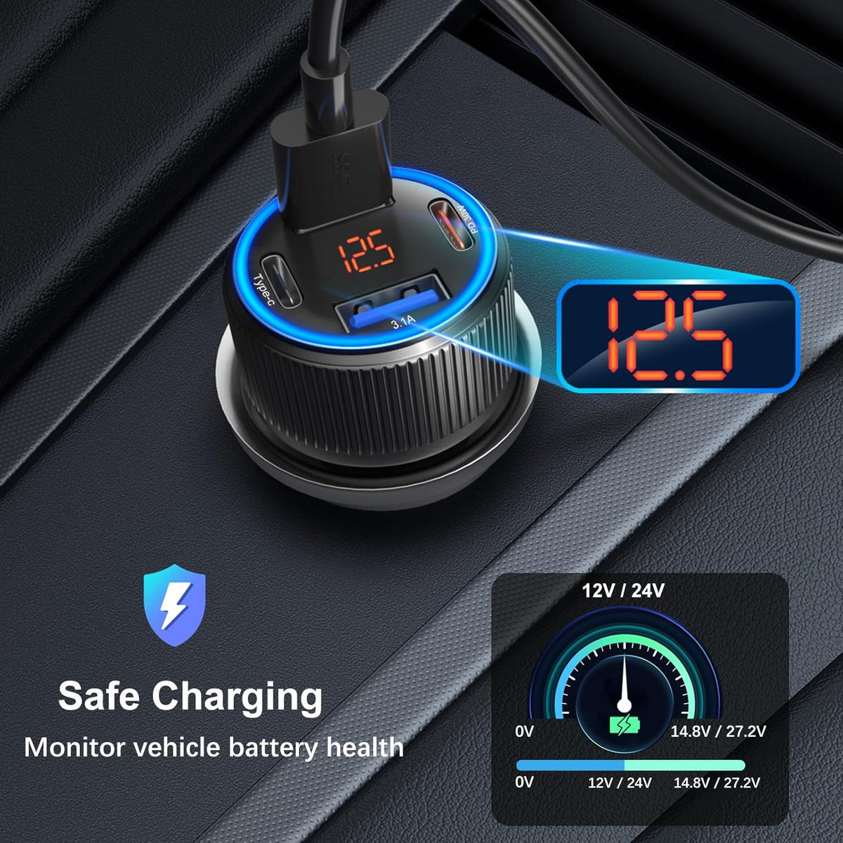 USB C Car Charger, 3 Pack 65W Dual 12V Car Power Adapter with Voltmeter QC+PD 3.0 Multi Port Fast Charging Cigarette Lighter USB Charger for iPhone 16 15 14 13 12 Pad Pro Max, Android(Black Gray)