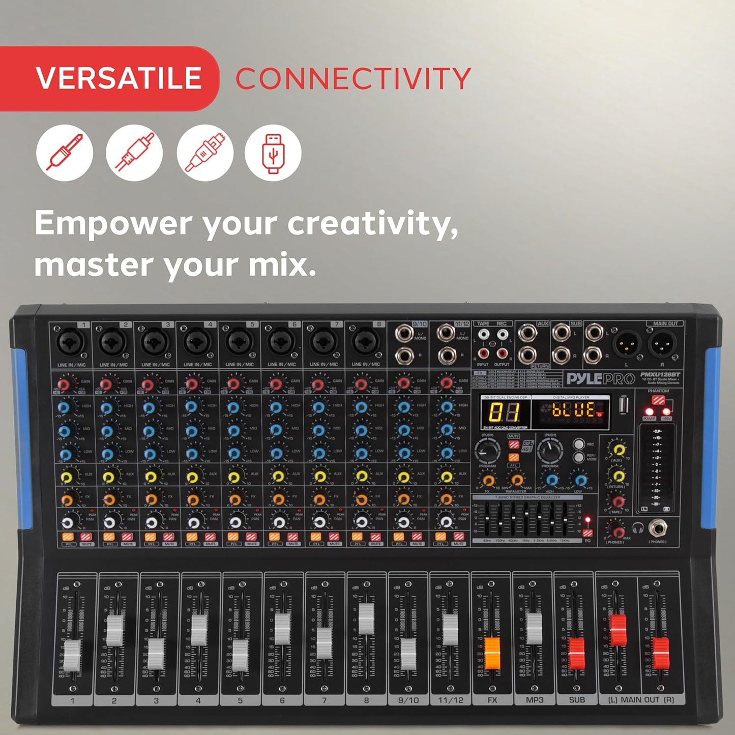 PYLE 12-Channel Bluetooth Studio Audio Mixer - DJ Sound Controller Interface with USB Drive for PC Recording Input, RCA, XLR Microphone Jack, 48V Power, For Professional and Beginners - PMXU128BT