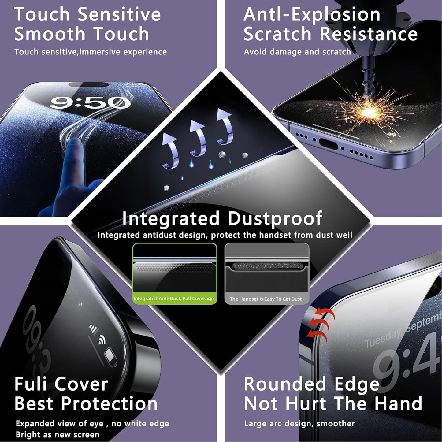 2 Pack Anti Blue Light Matte Screen Protector for iPhone 14 Pro Max/iPhone 15 Plus/iPhone 16 Plus, 9H Tempered Glass, Full Cover, Anti-Fingerprint, Auto Dust-Elimination, No Bubble, Easy Installation