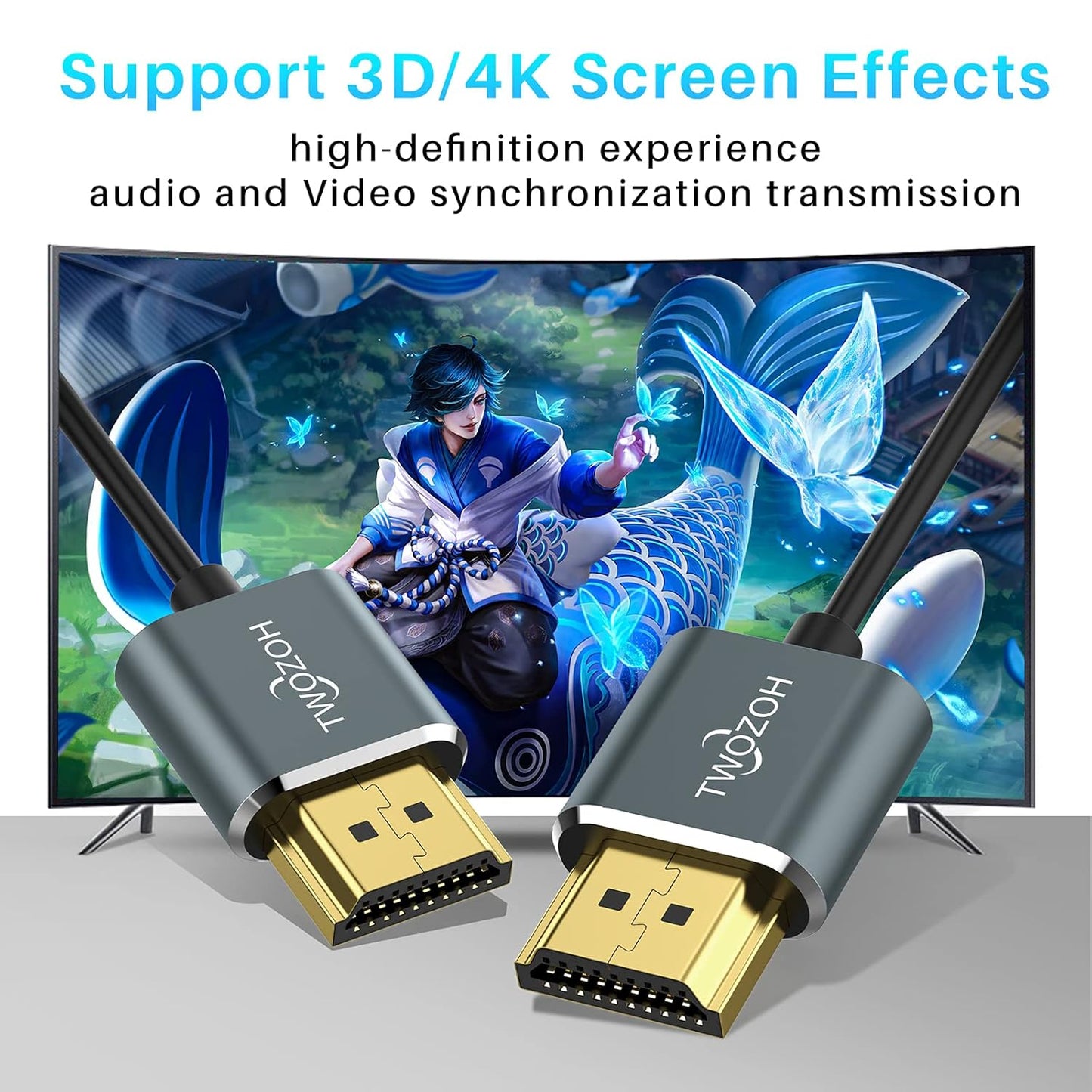 Twozoh Flexible & Slim HDMI Cable 10FT 2 Pack, Ultra Thin HDMI Cord Supports High Speed 4K@60Hz 18gbps 2160P/1080P
