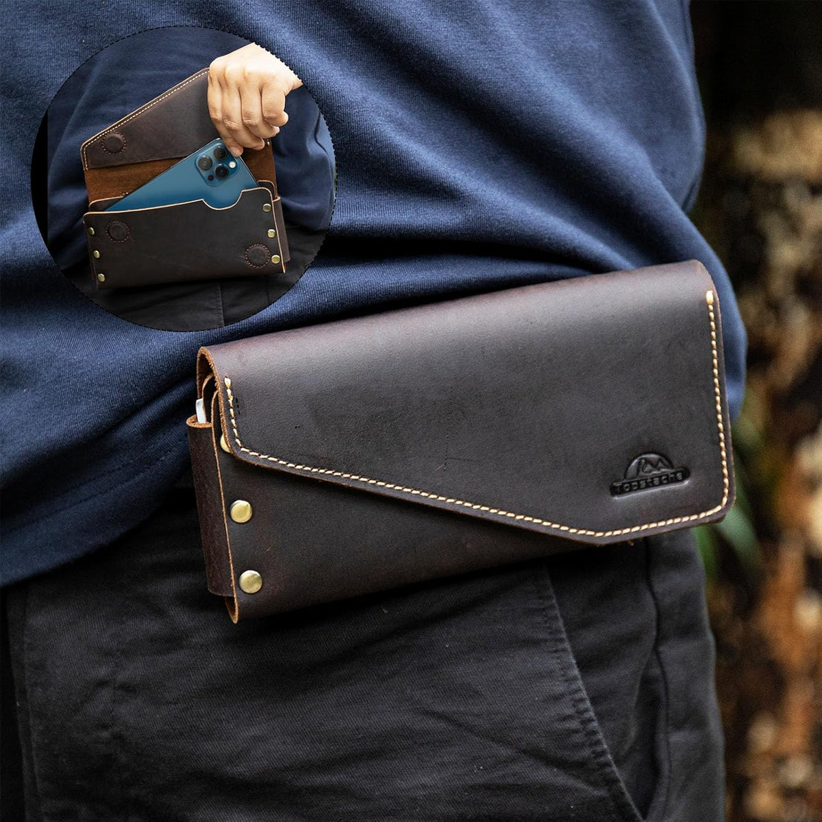 Topstache Leather Phone Holster with Belt Clip for Galaxy S23,iPhone 14,14 Pro,Leather Belt Pouch for Universal Smartphone with Otterbox Case,Flip Cellphone Pouch,L,Darkbrown