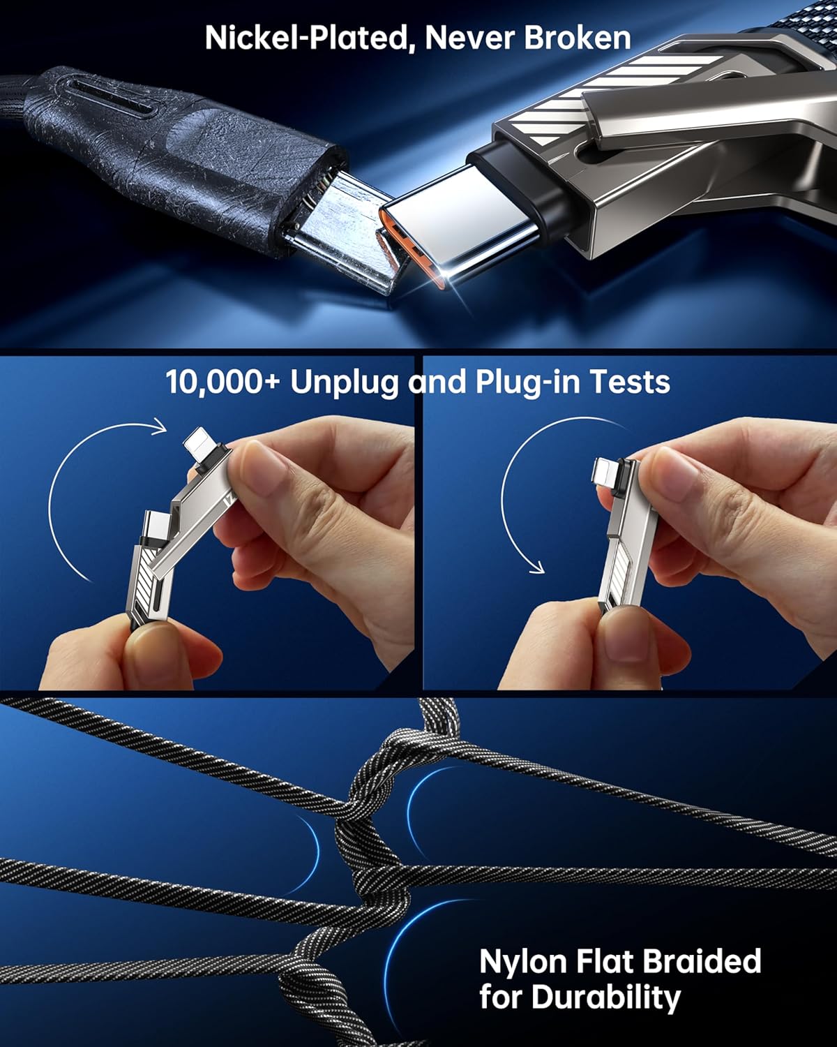 4-in-1 USB C Cable 3FT Compatible with Lightning Cable 90 Degree Fast Charging Flat Nylon Braided for iPhone/iPad Charger Cord Multi Charge Cord with L/USB C/USB A Ports, Grey