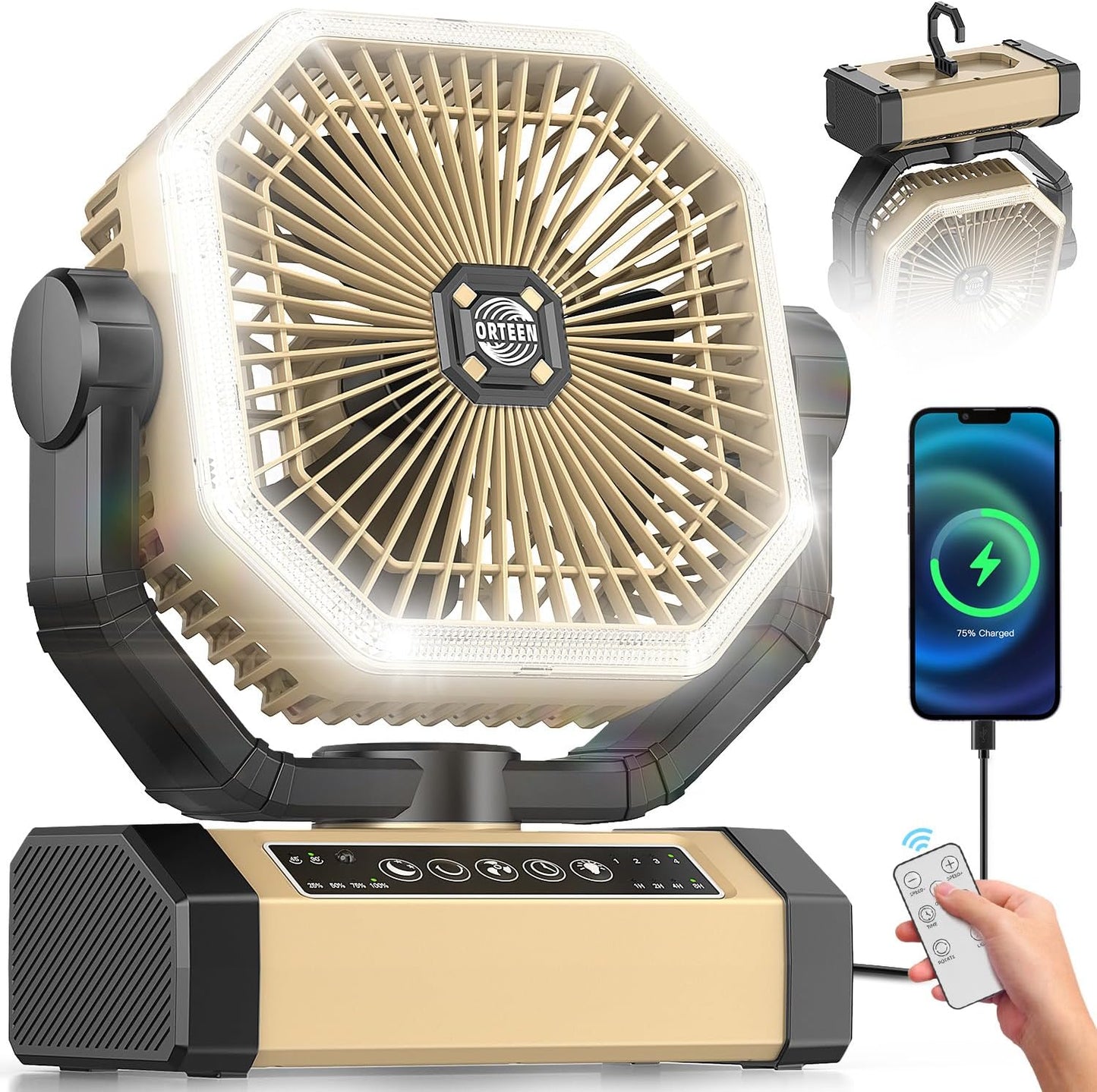 Camping Fan Rechargeable - 9-Inch Battery Powered Fan, 20000mAh(60Hrs) Battery Operated for Camping, Auto Oscillation Cordless, Tent Fan with Remote/Light, 4 Speeds, 4 Timing, Outdoor