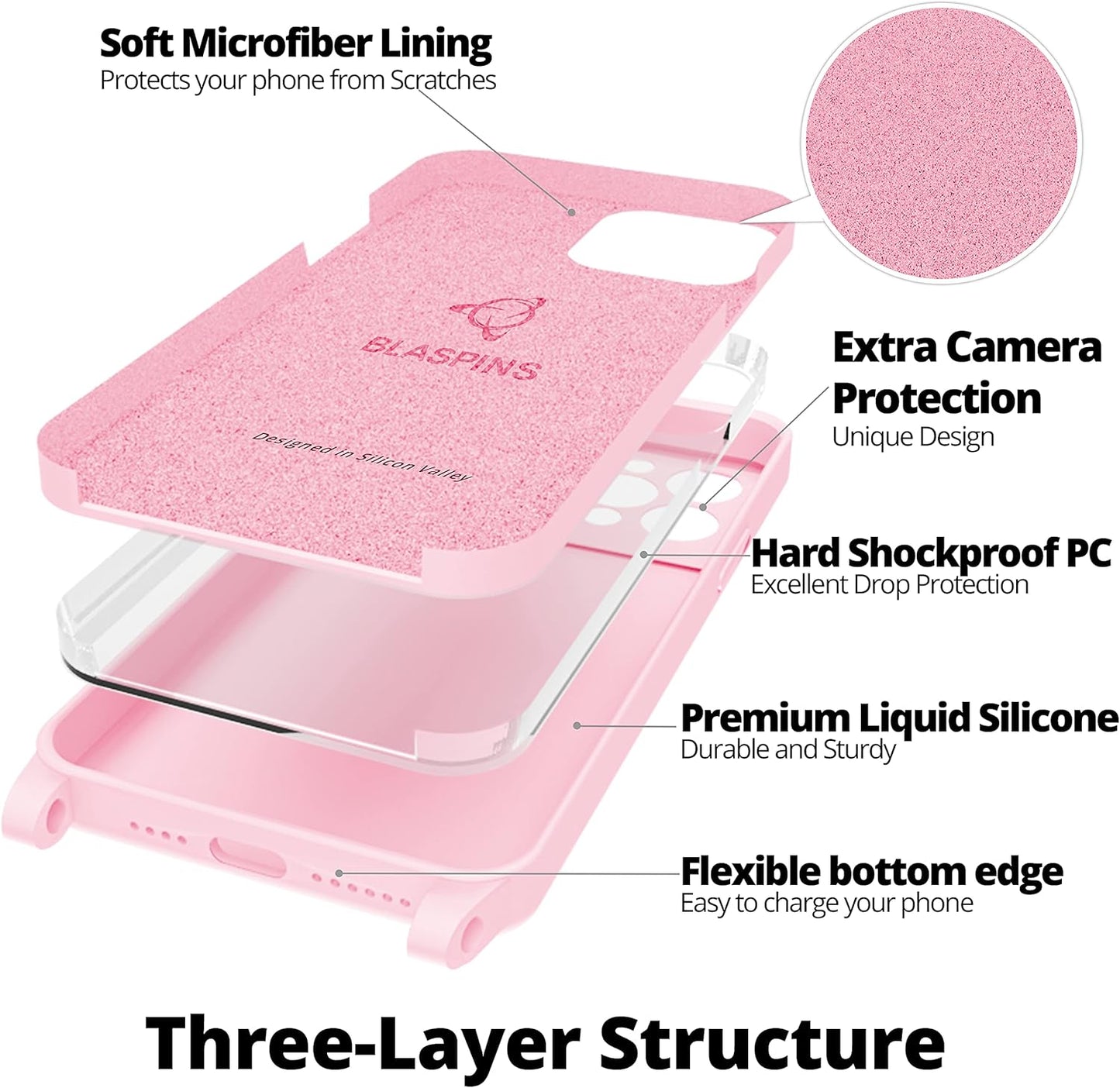 Blaspins Crossbody Lanyard Strap Case for iPhone 13, Neck Cross Body, Adjustable Holder Removable, Drop Protection Shockproof, Hands-Free Silicone Case Cover 6.1 inch, 150 cm Strap, iP13 - Pink