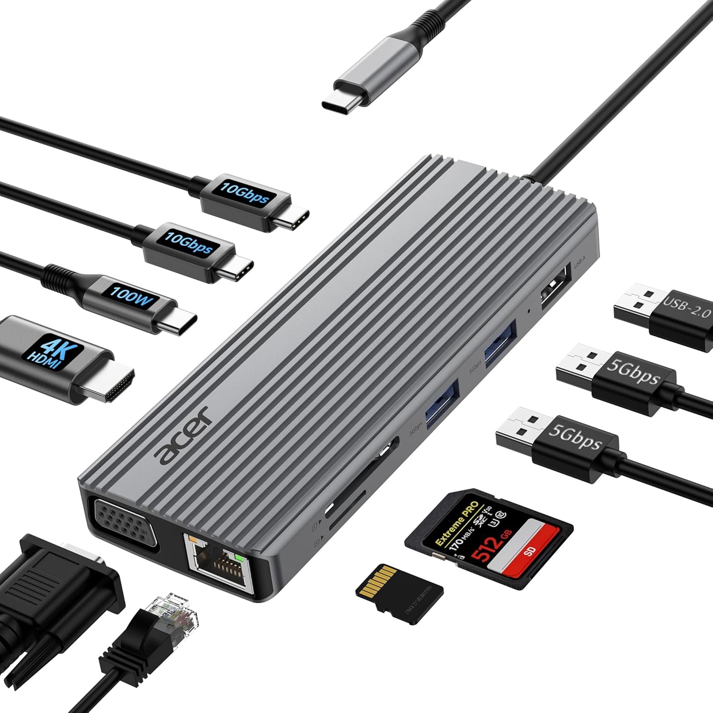 Acer 11 in 1 USB C HUB Multiport Adapter with 4K@60Hz HDMI, 1080P VGA, 2x10Gbps USB C, 2x5Gbps USB A, 100W PD Port, 1000Mbps Ethernet, SD/TF, Dual Monitor Docking Station for PC, Laptop, Desktop
