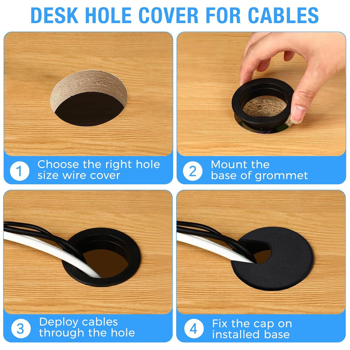 Desk Grommet 1-1/2" (38 mm), Desk Cord Hole Cover, Cable Grommet ABS Plastic, Desk Hole Grommet for Office and Home Table Cable, Detachable Cable Cord Organizer (Black 8 Pcs)