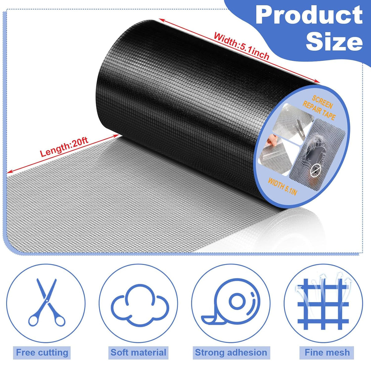 Extra Wide 5 inch x 20 ft Window Screen Tape Mesh Repair Strong Adhesive Waterproof Fiberglass Screen Repair Kit Patch for Window Door Tears Holes(Black)