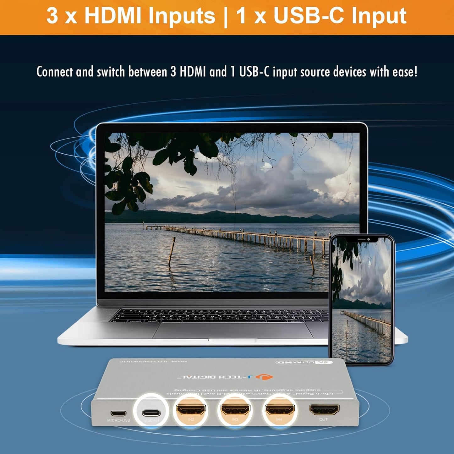 J-Tech Digital 4K 60Hz 4x1 HDMI & USB-C Switch | 3 HDMI + 1 USB-C Input, 1 HDMI Output | Compatible w/HDR & Dolby Vision | IR Remote, Auto Switch, CEC, Digital Audio [JTECH-4KSW3H1C]
